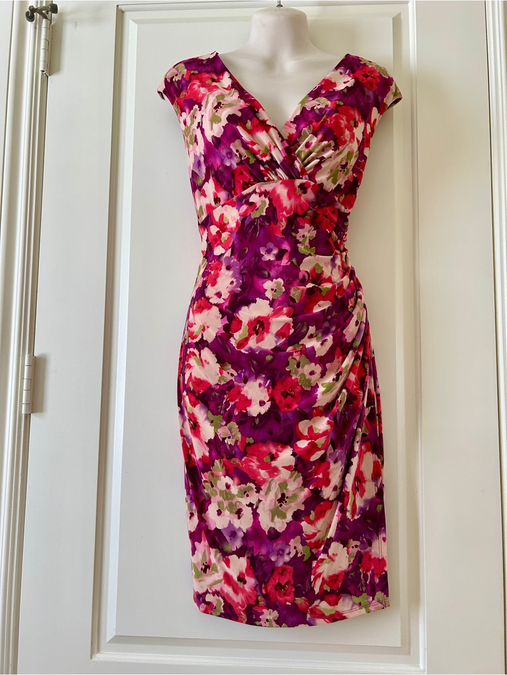 LAUREN RALPH LAUREN Purple/Red/Multi Floral Ruched Sheath Dress, Size 12P, EUC